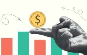 Collage of hand, bar graph, coins and arrows