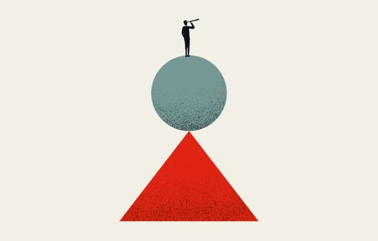 Illustration of man standing on circle balancing on triangle