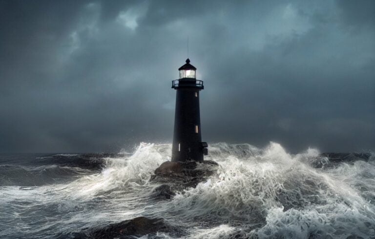 Lighthouse by the ocean, stormy sky, crashing waves