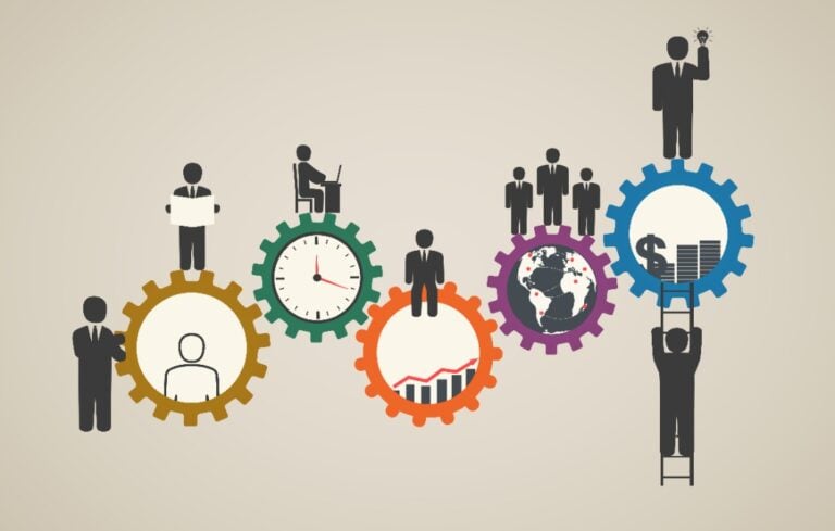 Business people working around a series of gears